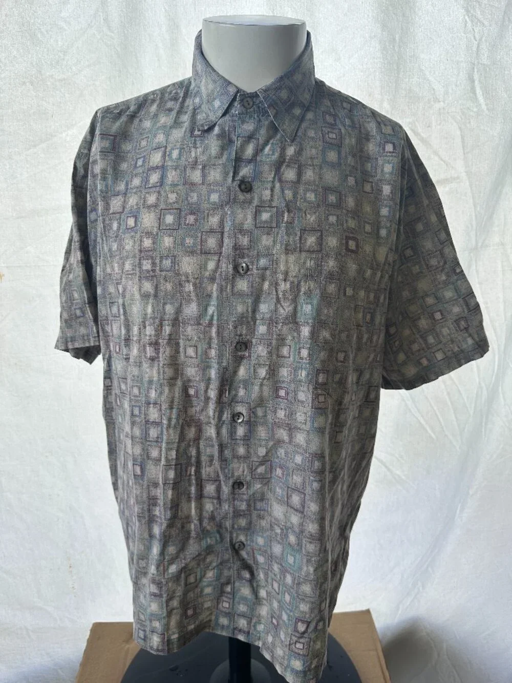 Tori Richard Men's Square Geometric Pattern Blue Purple Green Hawaiian Shirt Med